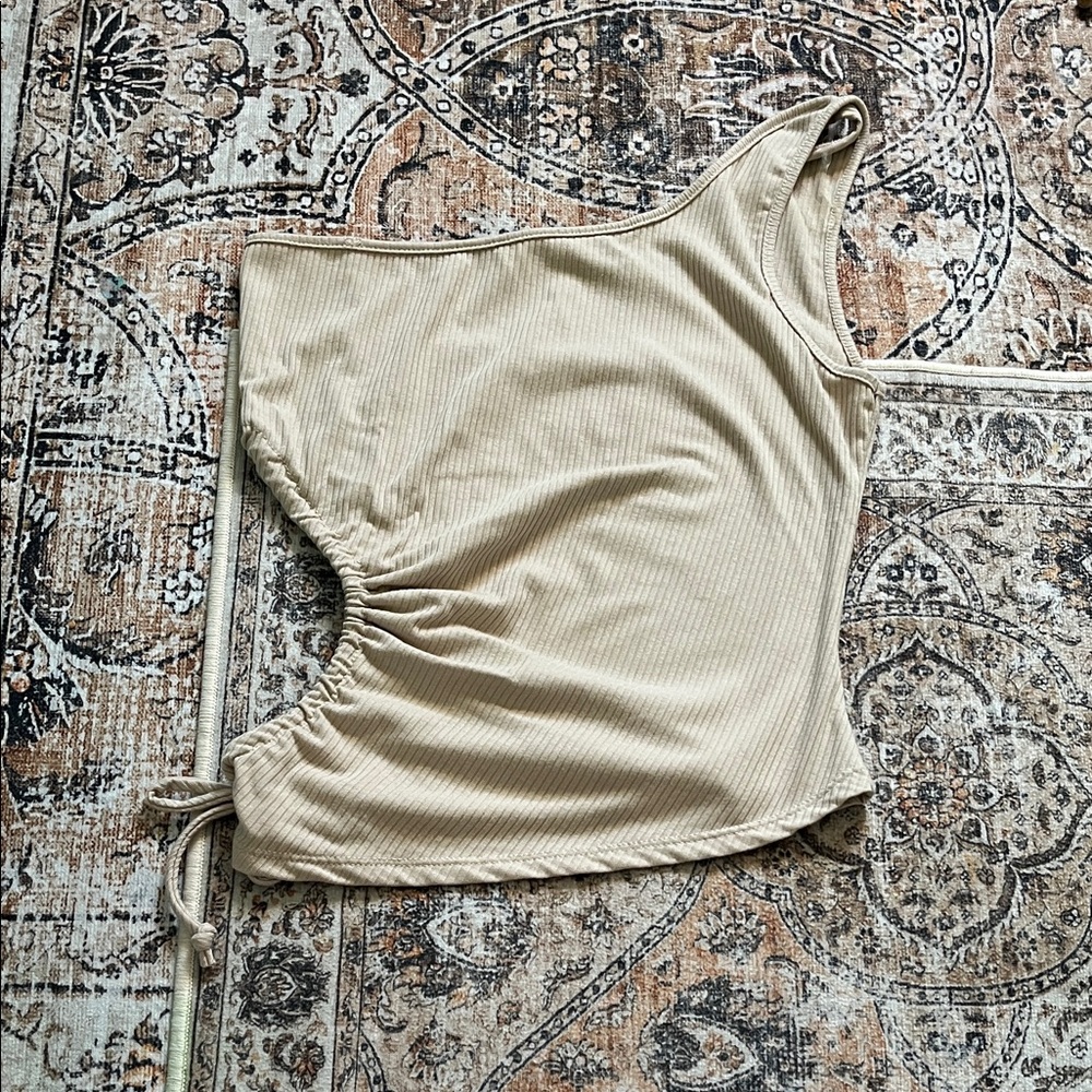 One-Shoulder Beige Ribbed Tank Top